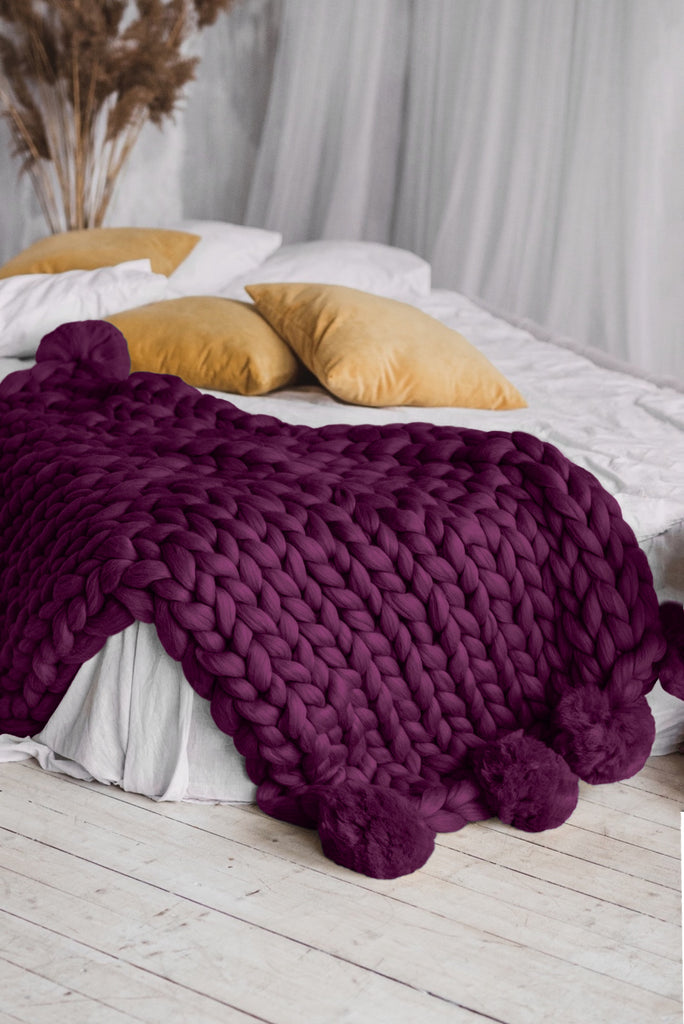Merino Blanket Wool Blanket Chunky Knit Throw Pom Pom Chunky Knit Blanket Pom Pom Blanket Wine Red
