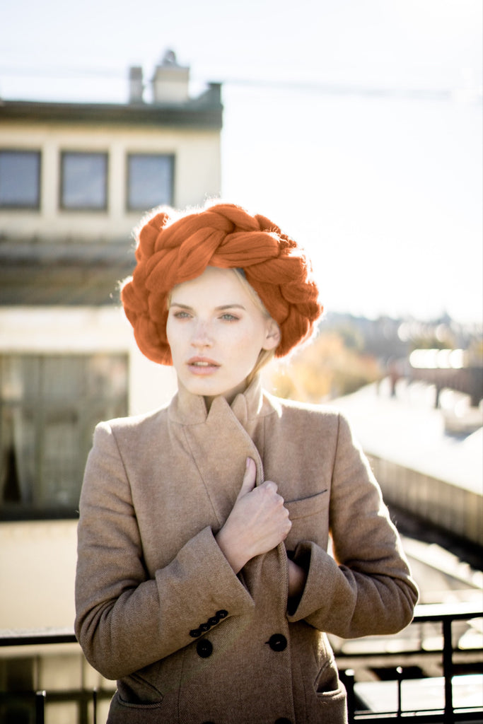 Oversized Headband Ear Warmer Wool Art Design Ginger Orange