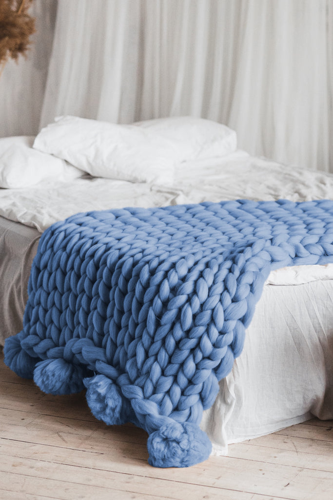 Thick Merino Blanket Merino Wool Pom Pom Chunky Knit Blanket Pom Pom Blanket Sky Blue