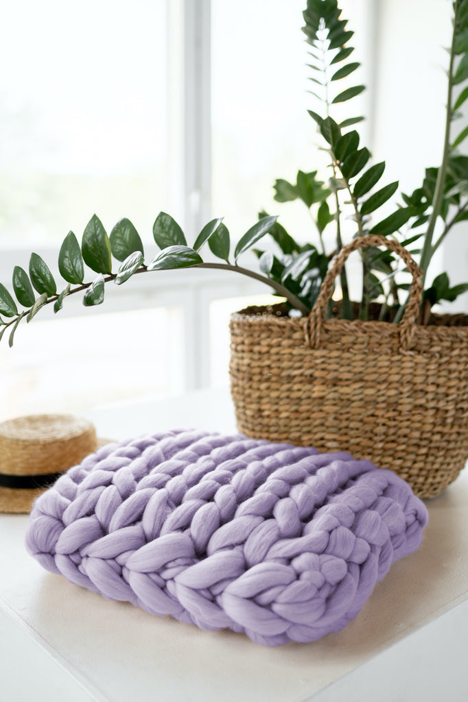 Wool Cushion Chunky Knit Throw Pillow Stockinette Stitch Lavender