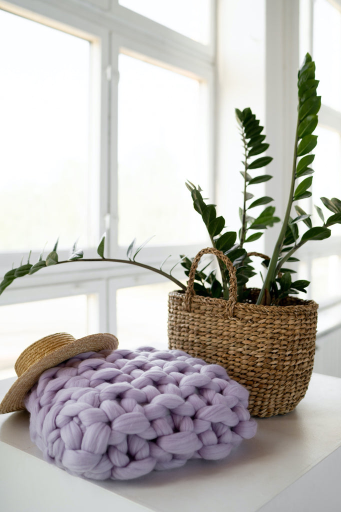 Wool Cushion Throw Pillow Chunky Knit Cushion Throw Pillow Seed Stitch Lavender