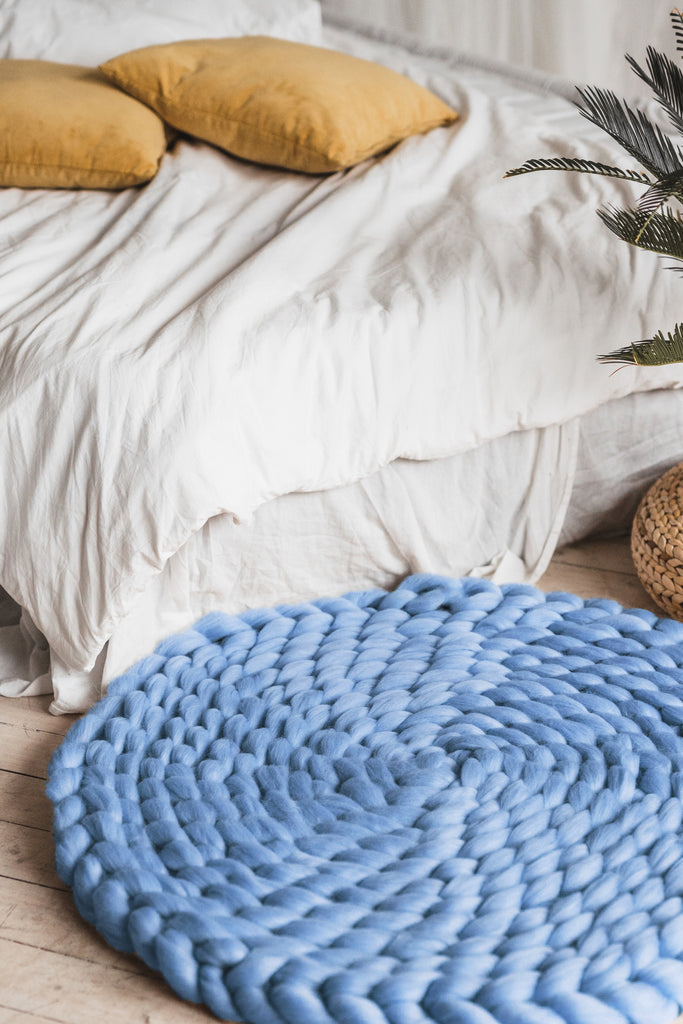 Wool Rug Handmade Accent Rug Chunky Knit Rug Round Rug Sky Blue