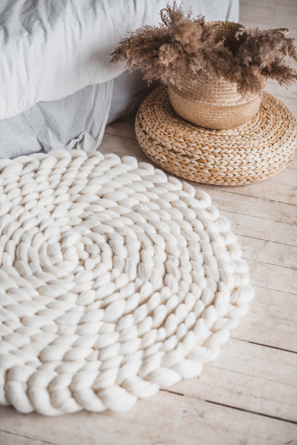 Wool Rug Handmade Accent Rug Chunky Knit Rug Round Rug White