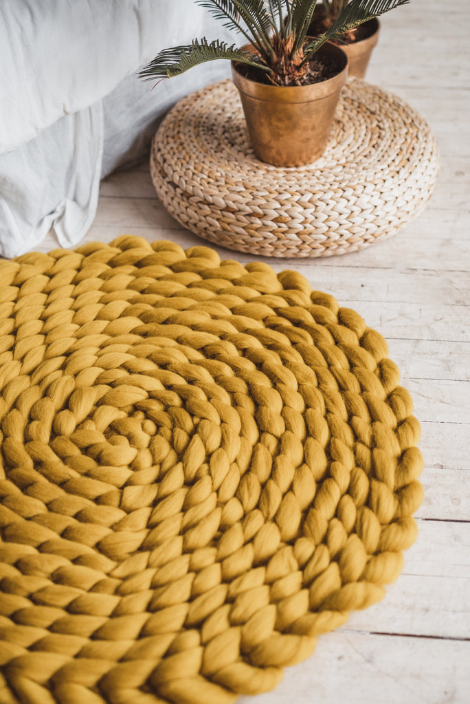 Wool Rug Round Accent Rug Decorative Chunky Rug Round Rug Mustard Yellow
