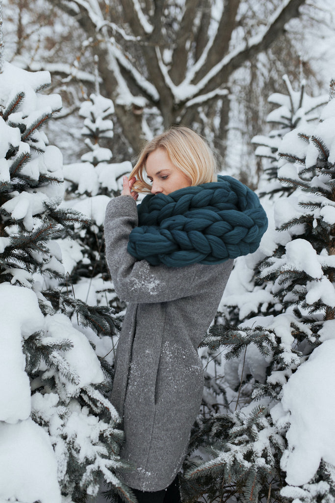 Wool Scarf Chunky Knit Scarf Oversized Scarf Winter Teal 624